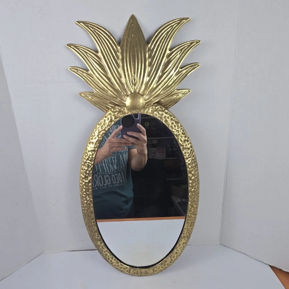 Vintage Large Hammered Gold Tone Metal Pineapple Oval Mirror Art Deco 24x11